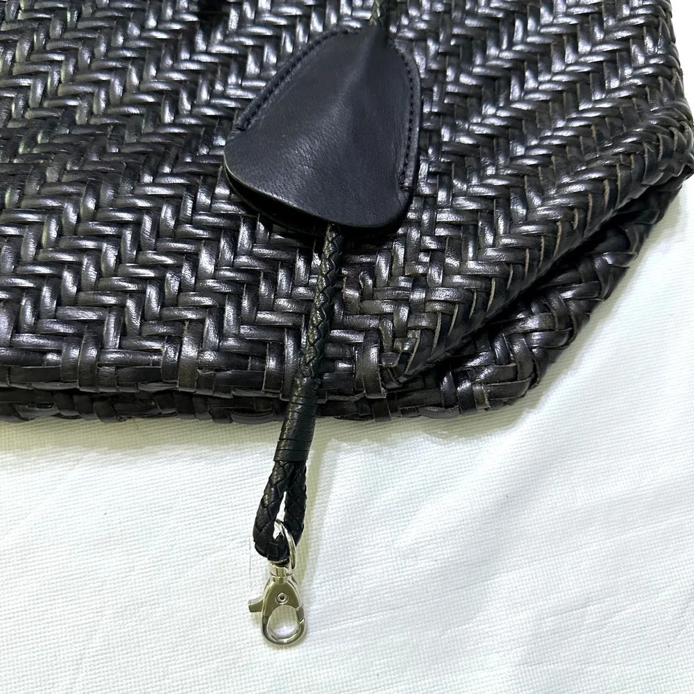 Handcrafted Woven Leather Tote Bag Dark Brown Braided Handles Market Basket Boho